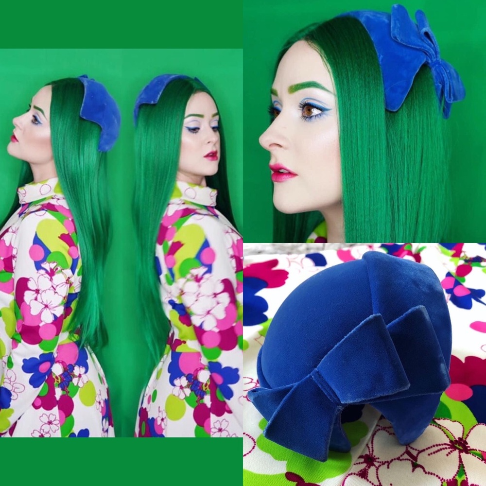 Vintage 1950’s Blue Velvet Bow Bonnet Style Hat